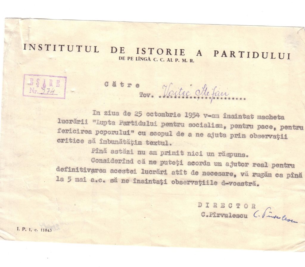 Scrisoare adresată lui Ştefan Voitec de către C. Pârvulescu, directorul Institutului de Istorie a Partidului, Bucureşti,1955, Muzeul PCR, nr. inv. 26084 a, b
