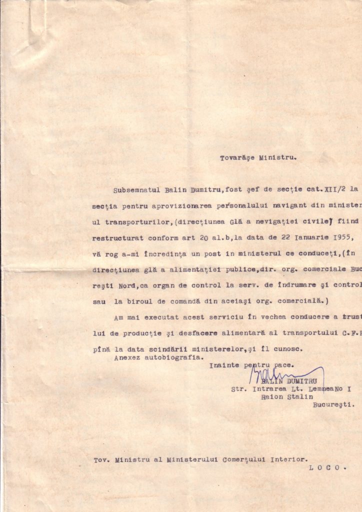 Scrisoare adresată lui Ştefan Voitec, ministru al Comerțului Interior, de către Baliu Dumitriu prin care solitică angajarea sa, Bucureşti, 1955, Muzeul PCR, nr. inv. 26085